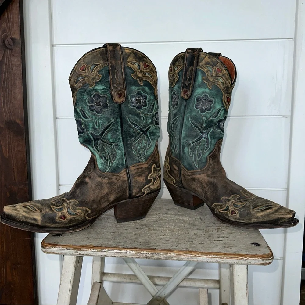 Dan Post Miss Kate Distressed Brown Teal Blue bird  Wing Tip Cowboy Boots Sz 7 - Picture 5 of 7